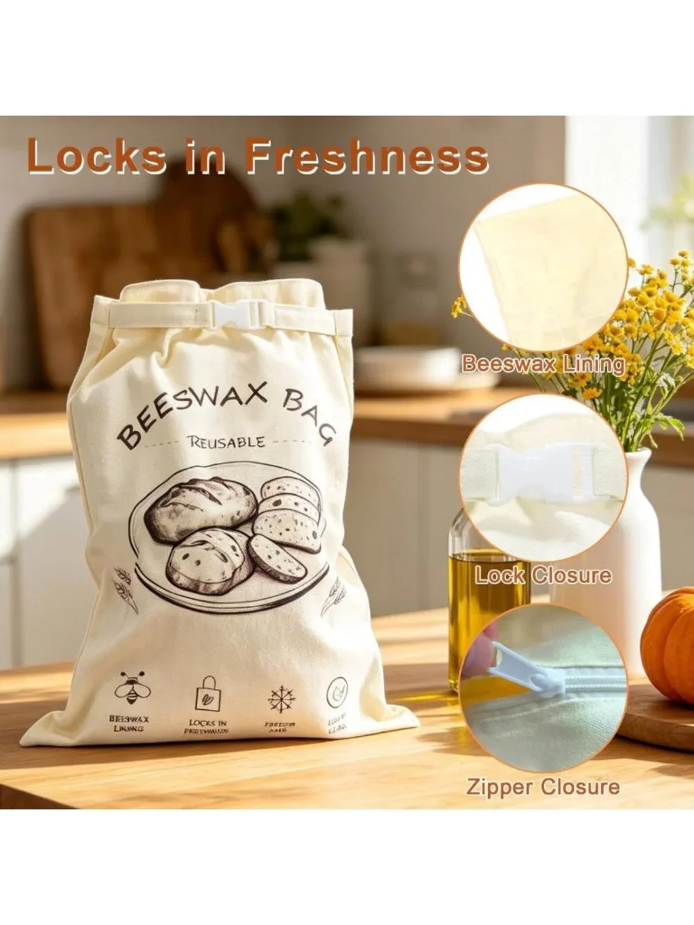 Reusable Organic Cotton Beeswax Bread Bags 2-Pack | Eco-Friendly, Large